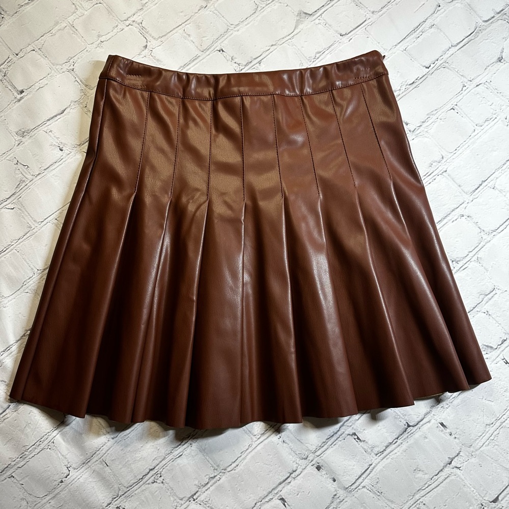 Faux Leather Brown Skirt Pleated